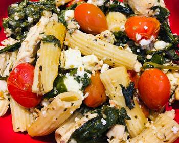 How To Make Recipe Feta Spinach Cherry Tomatoes  and Shredded Chicken Pasta Bake Very Delicious