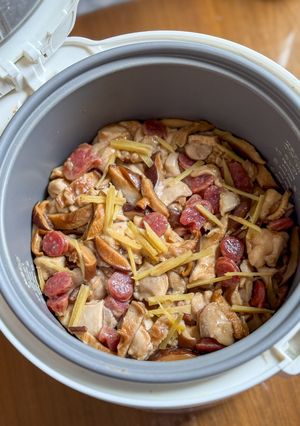 A picture of One Pot Rice Cooker Chinese Recipe- Chicken, Shiitake Mushrooms, Chinese Sausage.