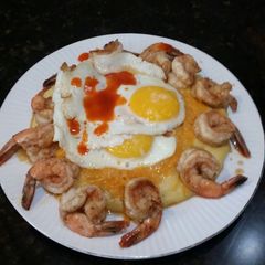 A picture of Brad's shrimp and creamy polenta breakfast.