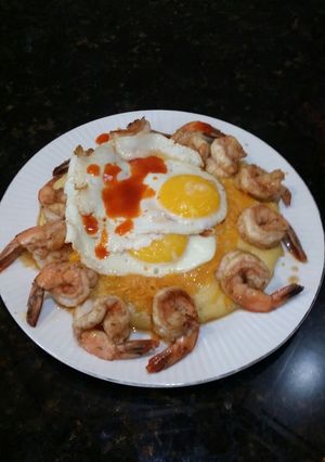 A picture of Brad's shrimp and creamy polenta breakfast.
