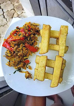 A picture of Yam Fries with Shredded Chicken Veggies.