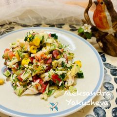 A picture of Vegetable salad with lobster.