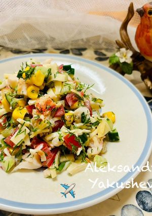 A picture of Vegetable salad with lobster.