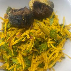 Abacha and fried fish A picture of Abacha and fried fish.