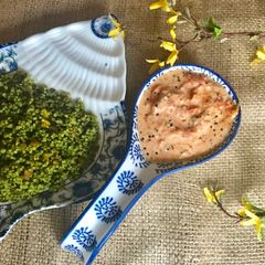 Millet mint pulav with heat roasted red bell pepper raita A picture of Millet mint pulav with heat roasted red bell pepper raita.