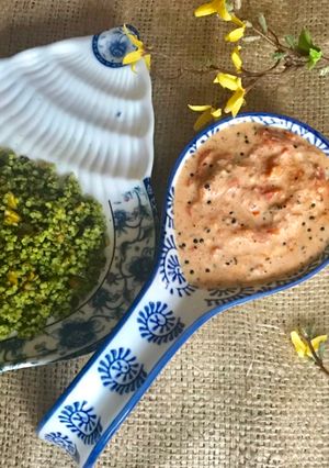 A picture of Millet mint pulav with heat roasted red bell pepper raita.