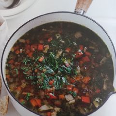 A picture of Bacon, Vegetable and Lentil Soup.