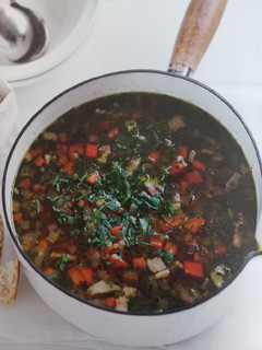 A picture of Bacon, Vegetable and Lentil Soup.
