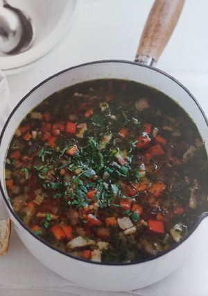 A picture of Bacon, Vegetable and Lentil Soup.