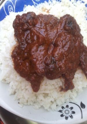 A picture of White Rice and Chicken Stew.