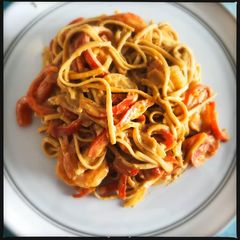 A picture of Fried Udon Noodles With Shrimp and Spicy Peanut Sauce.