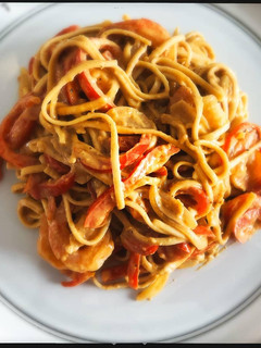 A picture of Fried Udon Noodles With Shrimp and Spicy Peanut Sauce.