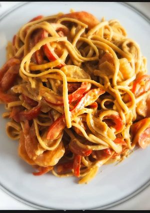 A picture of Fried Udon Noodles With Shrimp and Spicy Peanut Sauce.