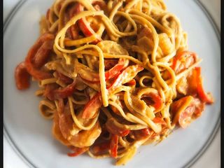 Fried Udon Noodles With Shrimp and Spicy Peanut Sauce