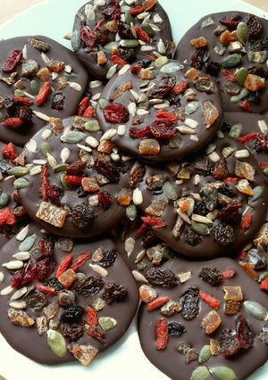A picture of Vickys Chocolate Bark Buttons, GF DF EF SF NF Vegan.