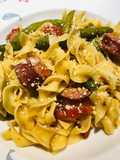 One Pot Smoked Beef Sausage with Green Beans and Noodles