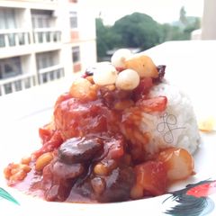 A picture of Baked Bean With Sausage And Pearl Garlic.