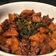 Beef teriyaki with meatball and spinach