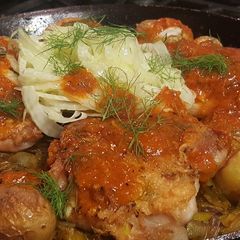 A picture of Harissa Chicken with Caramelized Leeks and Fennel.