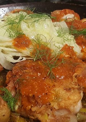 A picture of Harissa Chicken with Caramelized Leeks and Fennel.
