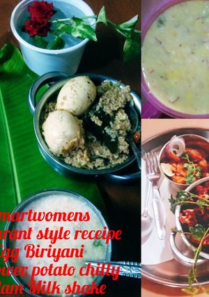 A picture of Egg Biriyani, cauliflor chilli,potato fried with Badam Drink.