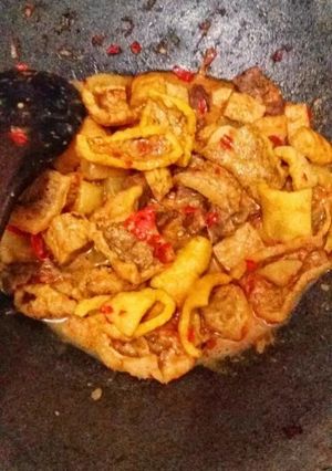A picture of Krecek Tahu Santan / Crispy Cattle Skin & Tofu in Coconut Milk.