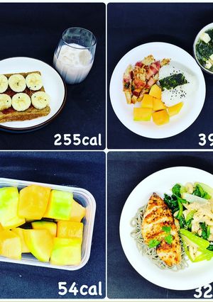Hình của món Eat clean - D16: Bánh mì bơ chuối - Bò cuộn nấm kim chân - Mì ức gà áp chảo.