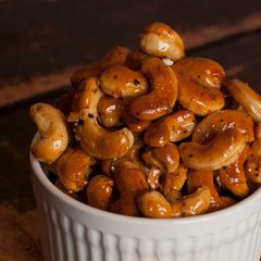 A picture of Rosemary Roasted Cashews with a Brandy Glaze.