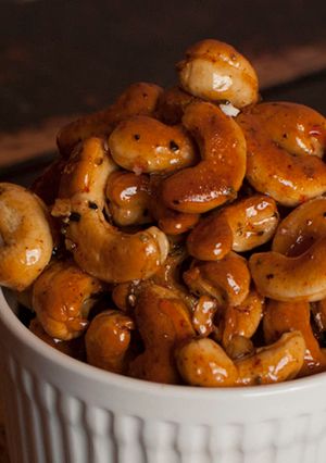 A picture of Rosemary Roasted Cashews with a Brandy Glaze.