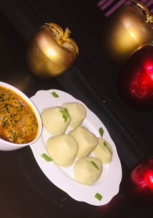A picture of Pounded yam and egusi soup.