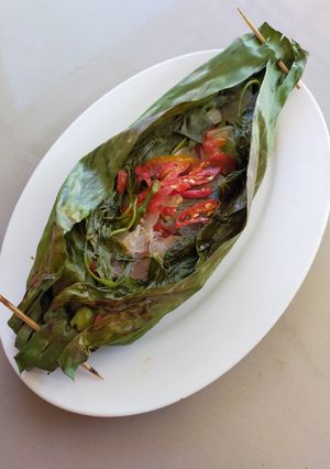 Foto resep Pepes panggang ikan asin peda daun singkong
