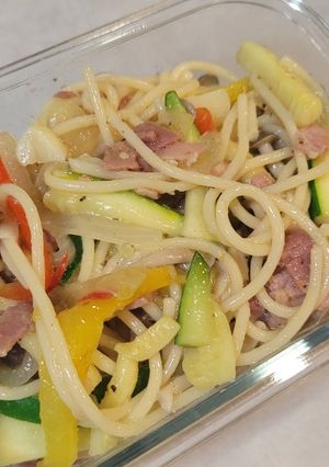 很多蔬菜的培根義大利麵 的食譜成品照片