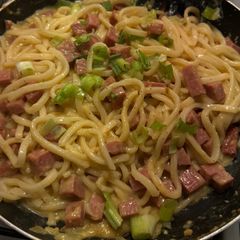 A picture of Miso Carbonara Udon w/ Spam.