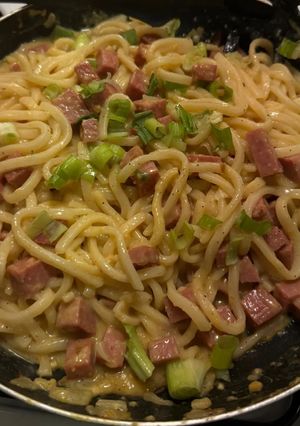 A picture of Miso Carbonara Udon w/ Spam.