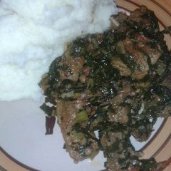 A picture of Beef and rape leaves.