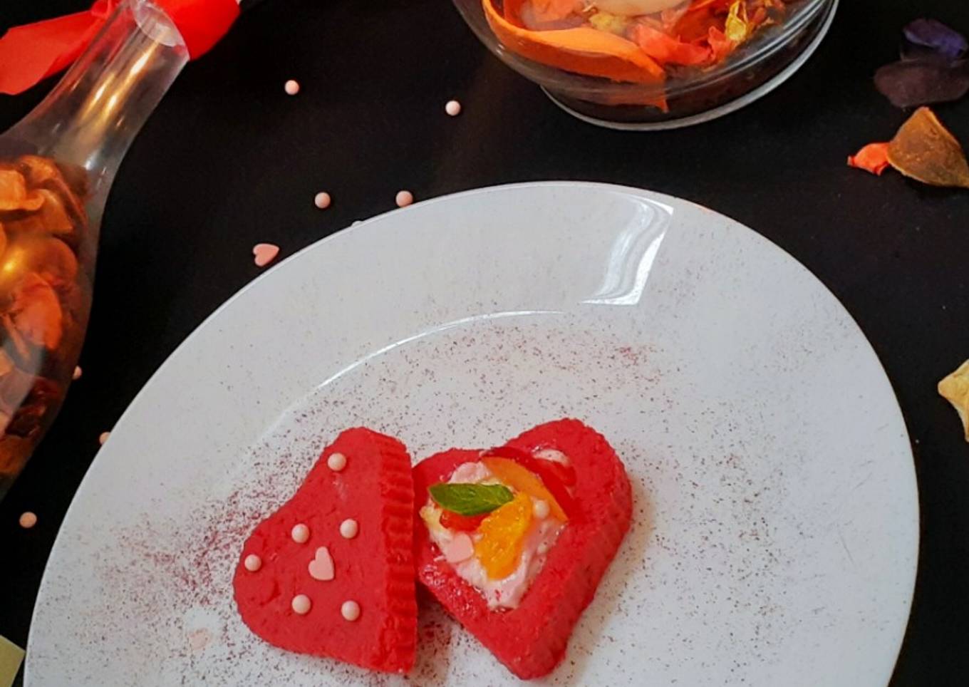 Red velvet kalakand tart with Beetroot Moose &Fresh Fruit