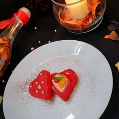 A picture of Red velvet kalakand tart with Beetroot Moose &Fresh Fruit.
