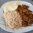 Arroz integral, patata gratinada, carne mechada