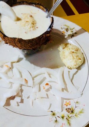 A picture of Coconut Rabdi with stuffed Sandesh.