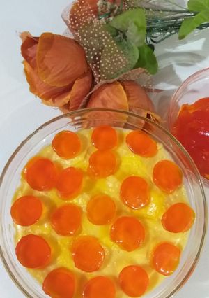 A picture of Custard with orange jelly.