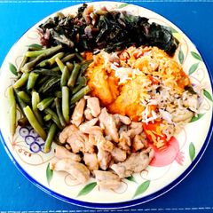 A picture of Rice with Butter Chicken Cream Masala & Chicken Teriyaki.