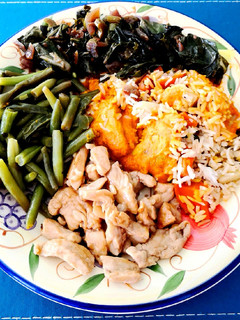 A picture of Rice with Butter Chicken Cream Masala & Chicken Teriyaki.