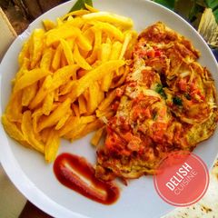 A picture of Chips and fried eggs.