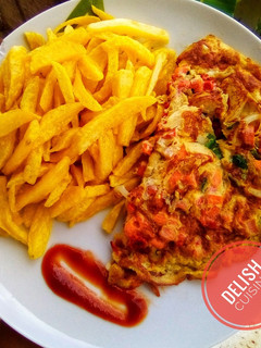 A picture of Chips and fried eggs.