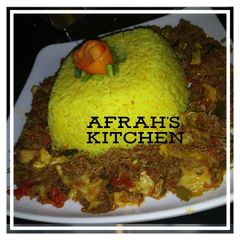 A picture of Cabbage sauce with turmeric rice.