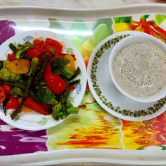 Mushroom Soup with stir fry veggies A picture of Mushroom Soup with stir fry veggies.