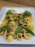 Ensalada de pasta con habitas y burrata