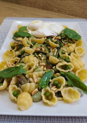 Una foto de Ensalada de pasta con habitas y burrata