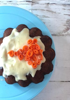 A picture of Carrot Cake with Cream Cheese Frosting (wheat and eggless).