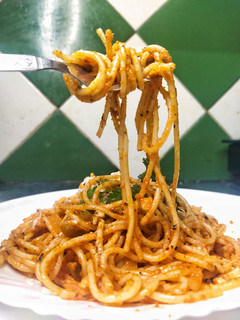 A picture of Red sauce spaghetti.